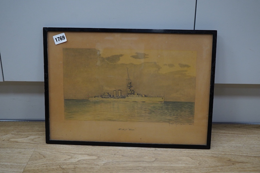 Harold H. Swayne (20th. C), maritime scenes to include ‘HMS Falcon off the Belgian Coast, 1914’, each signed, dated 1934 and inscribed, set of four pencil sketches, 28 x 40cm